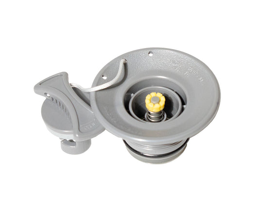 Grey paddle board valve with valve stem detail