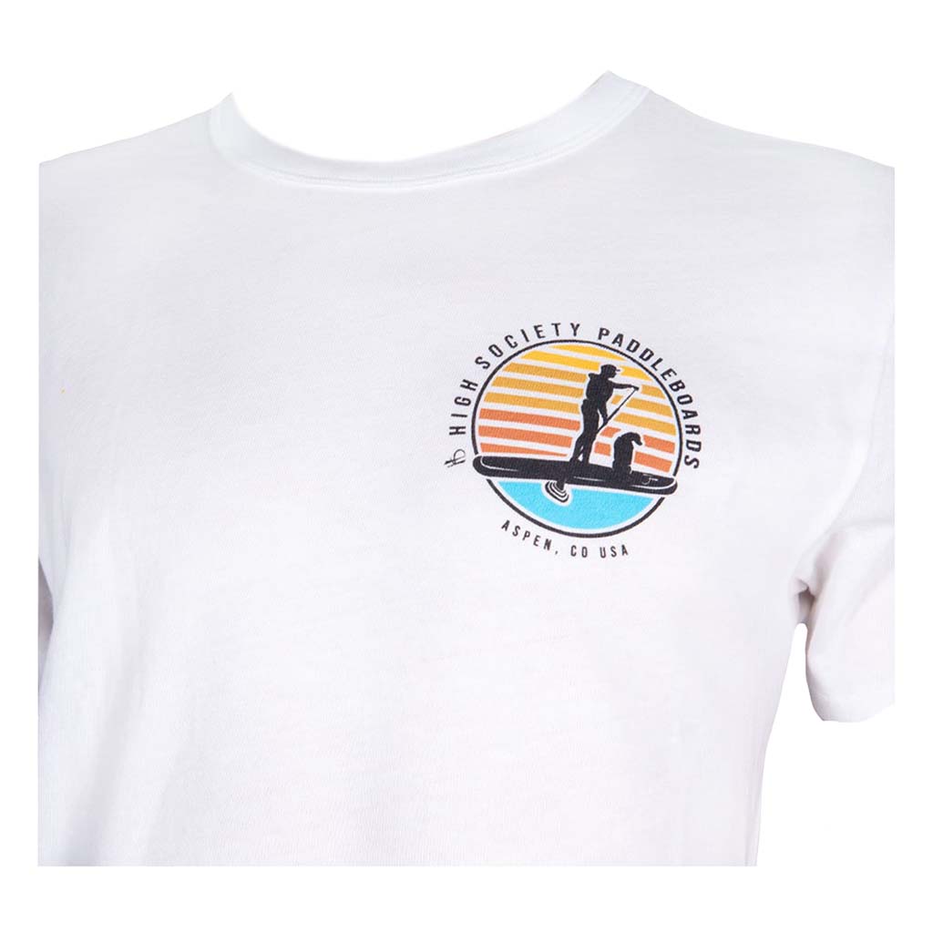 Detail of High Society paddle board logo on white tee