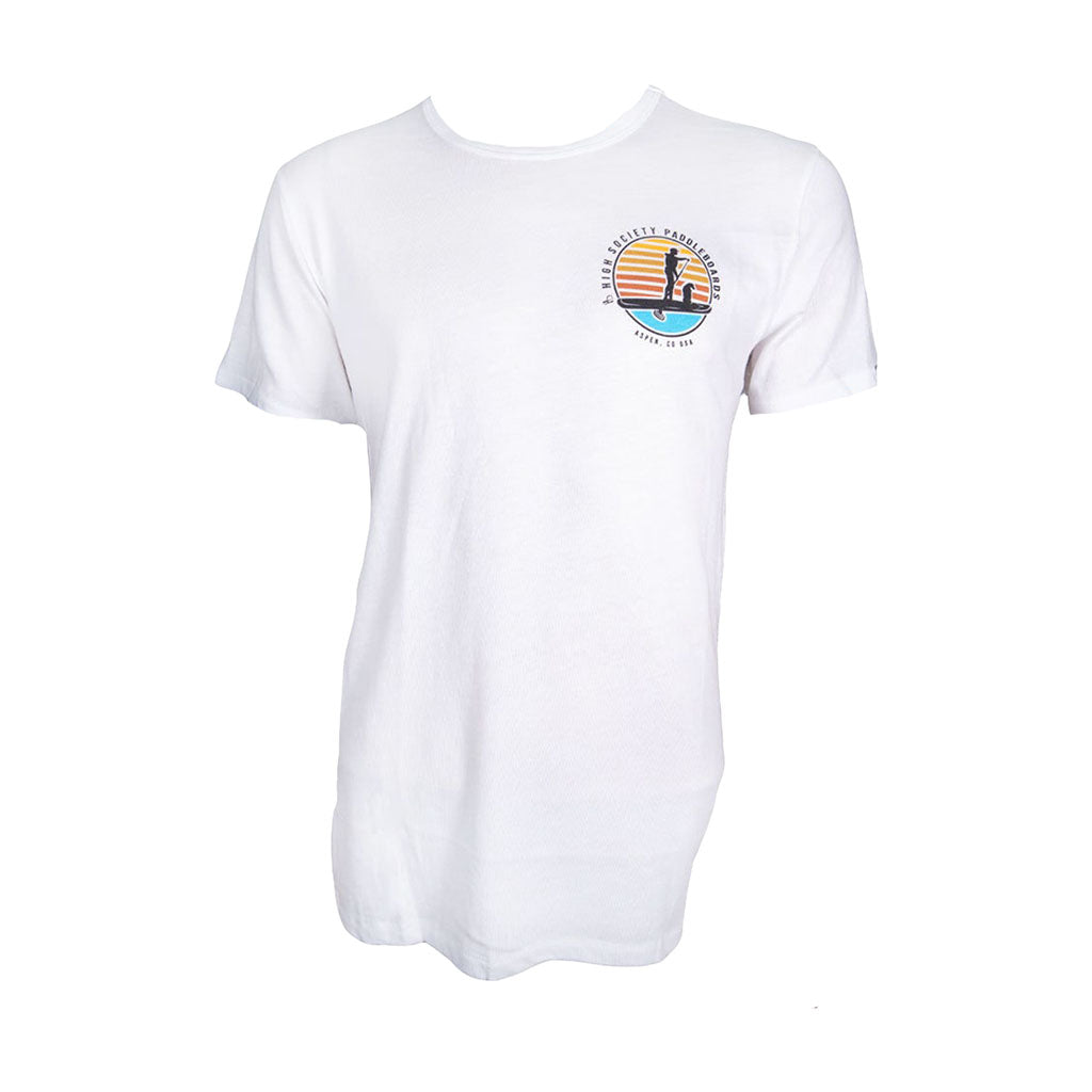 White tee with High Society paddle board logo