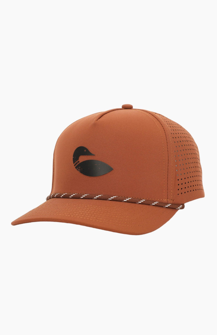 Side view of a copper hat where the front is solid and the back is mesh.