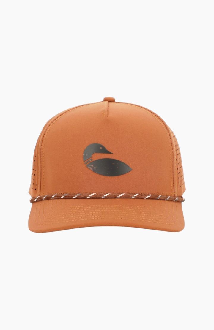 Front view of a copper hat with loon logo on the front and tan rope between the brim and the hat.