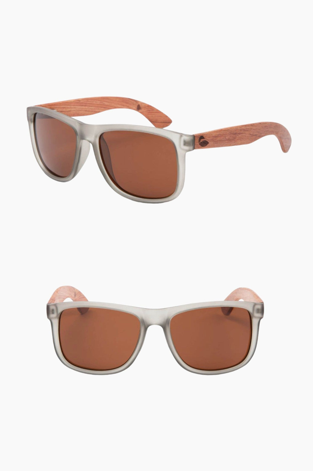 Clear, grey-tinted framed sunglasses with wooden temple piece.