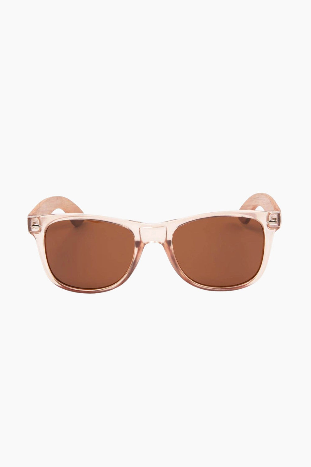 Clear, salmon-tinged framed sunglasses with wood temple pieces and loon logo.