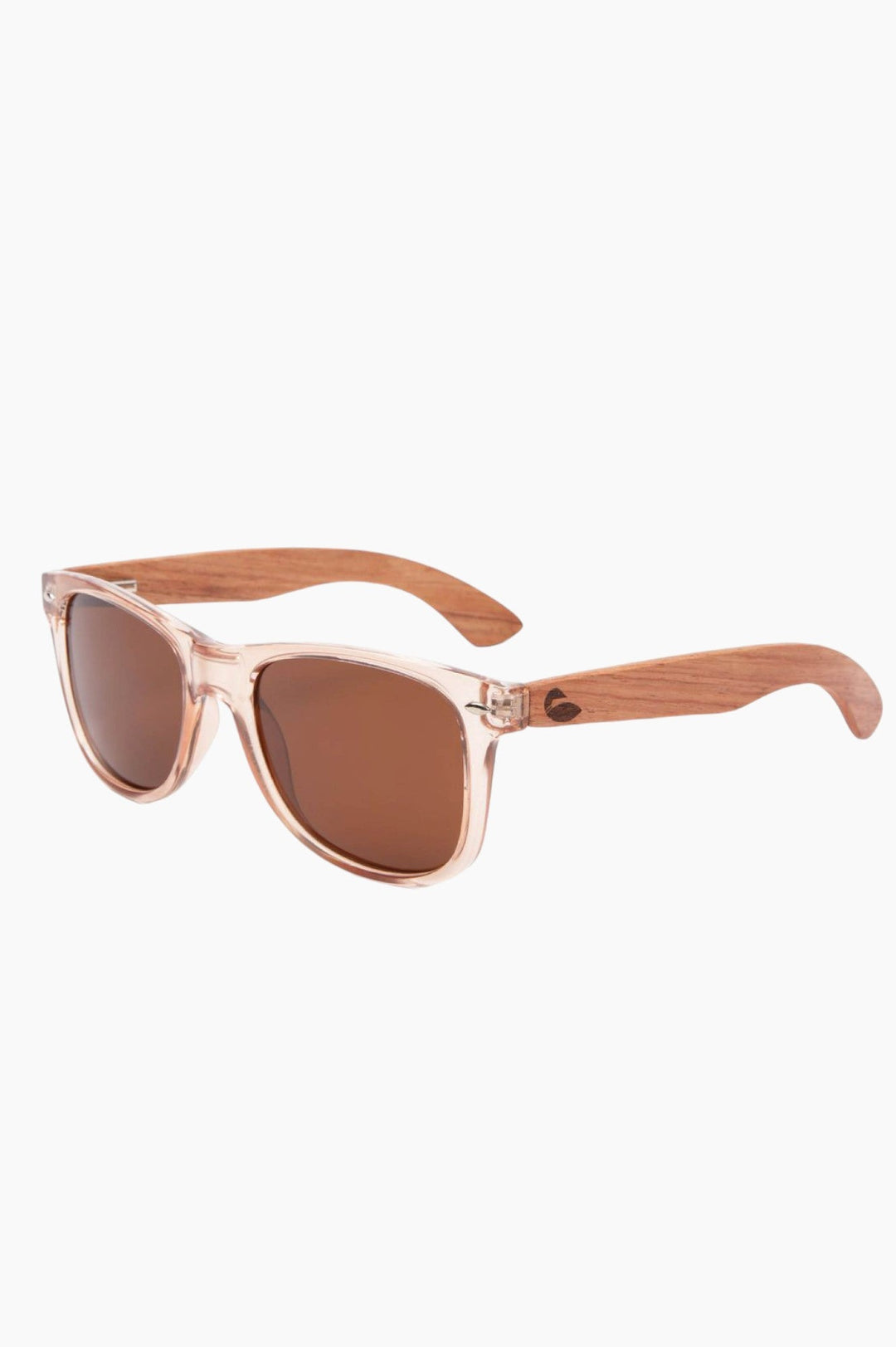 Clear, salmon-tinged framed sunglasses with wood temple pieces and loon logo.