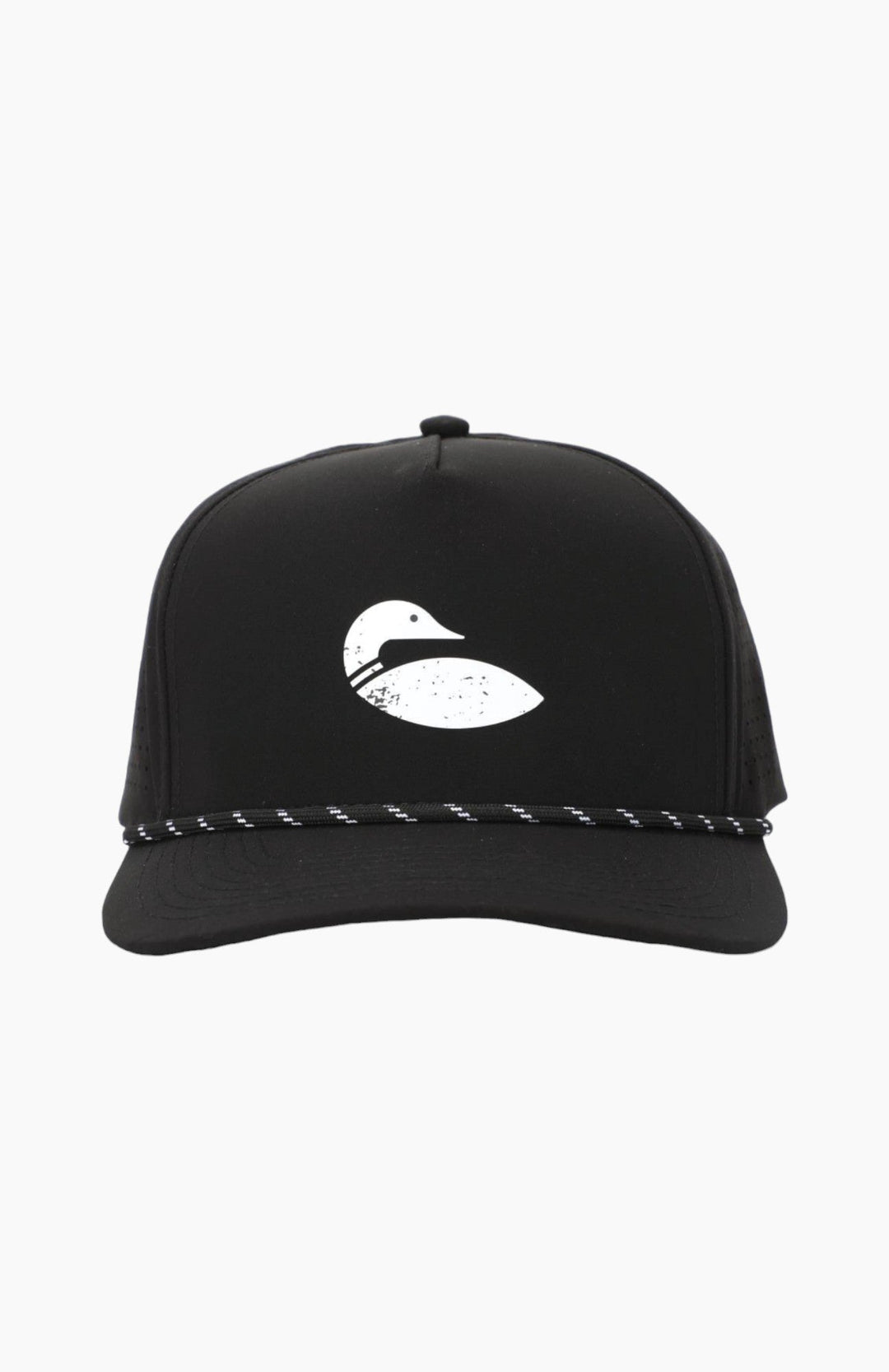 Front view of a black hat with loon logo on the front and tan rope between the brim and the hat.