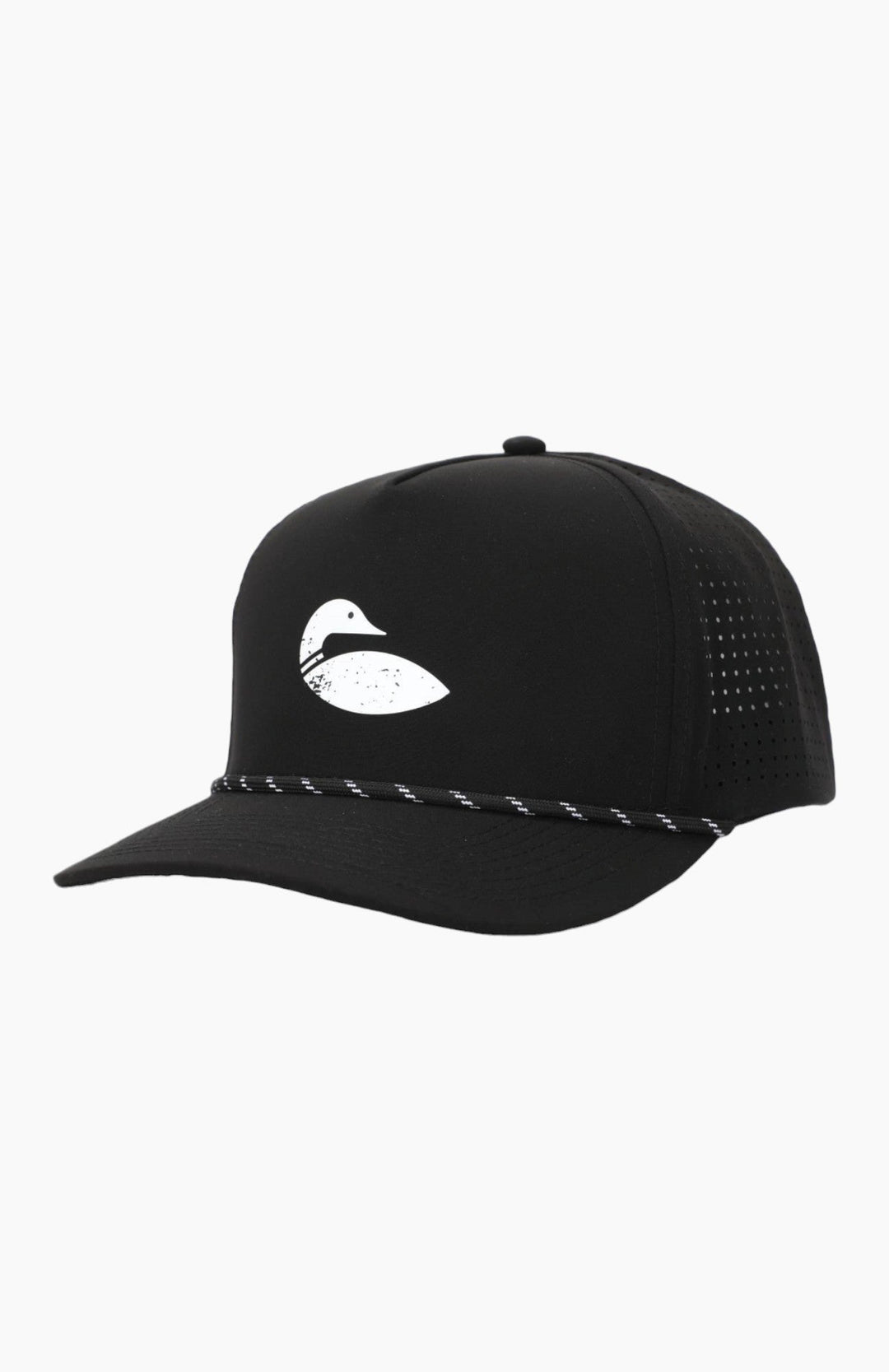 Side view of a black hat showing the loon and rope in the front and the mesh in the back.