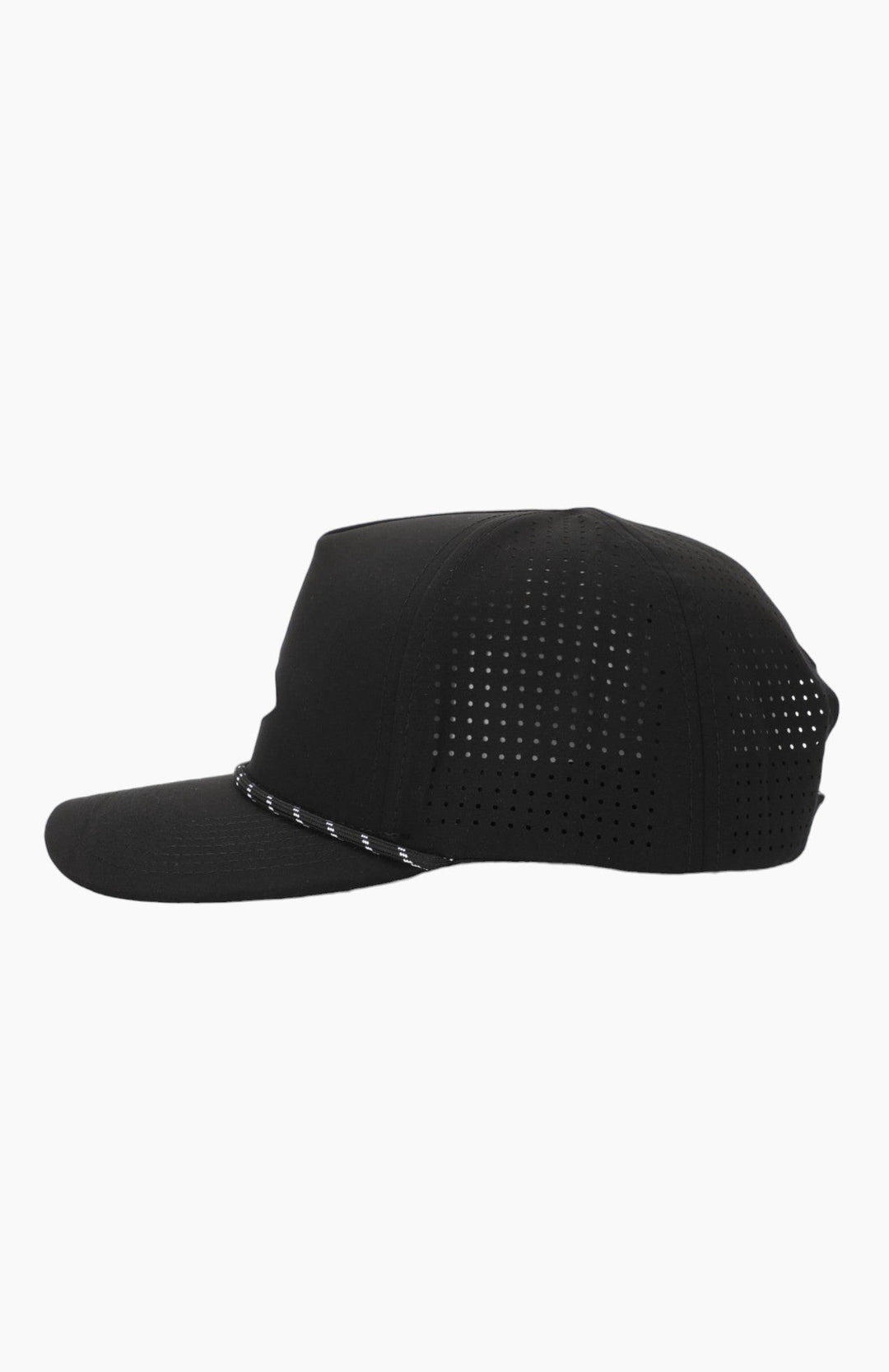 Side view of a black hat where the front is solid and the back is mesh.