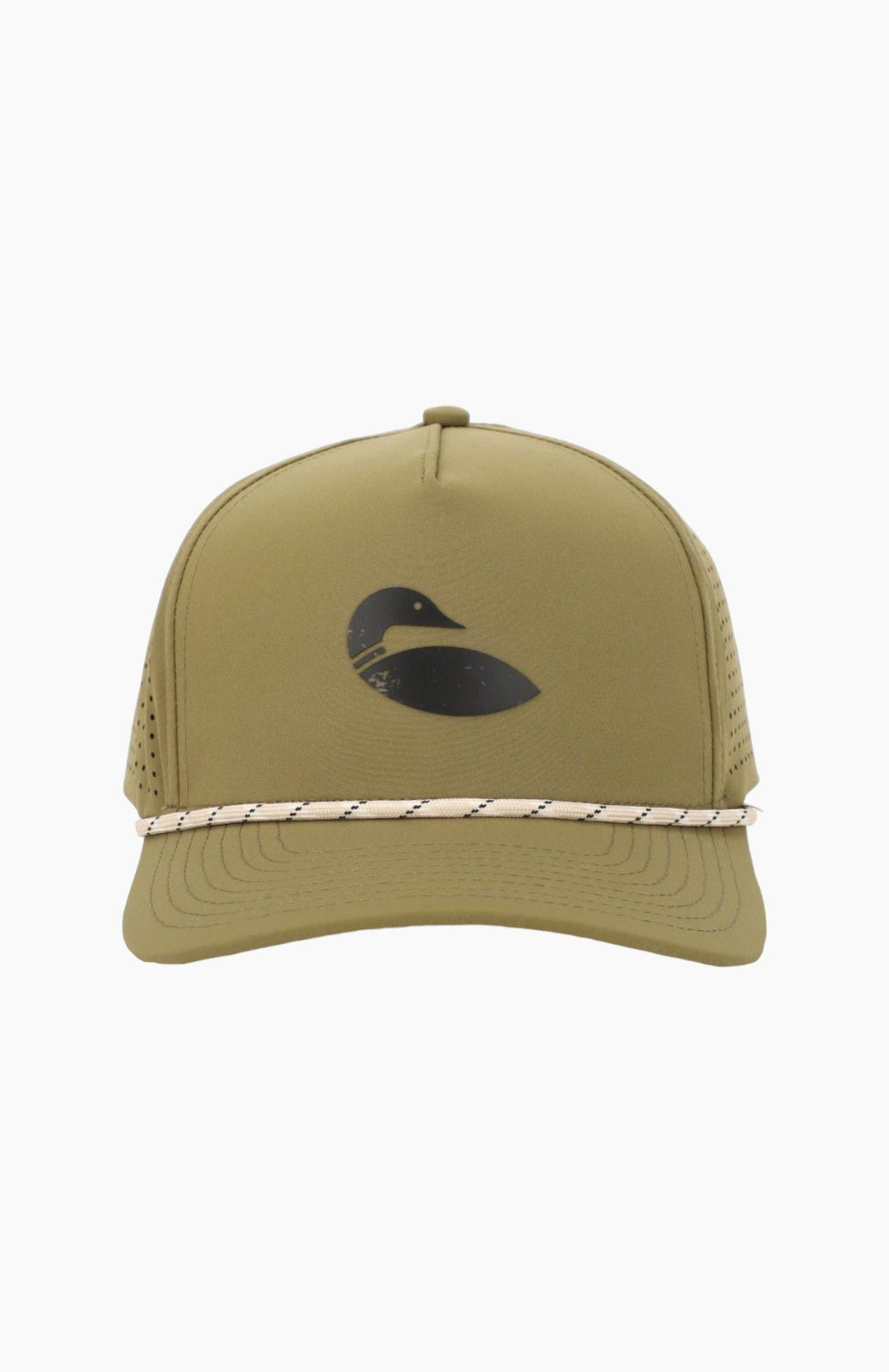 Front view of a green hat with loon logo on the front and tan rope between the brim and the hat.