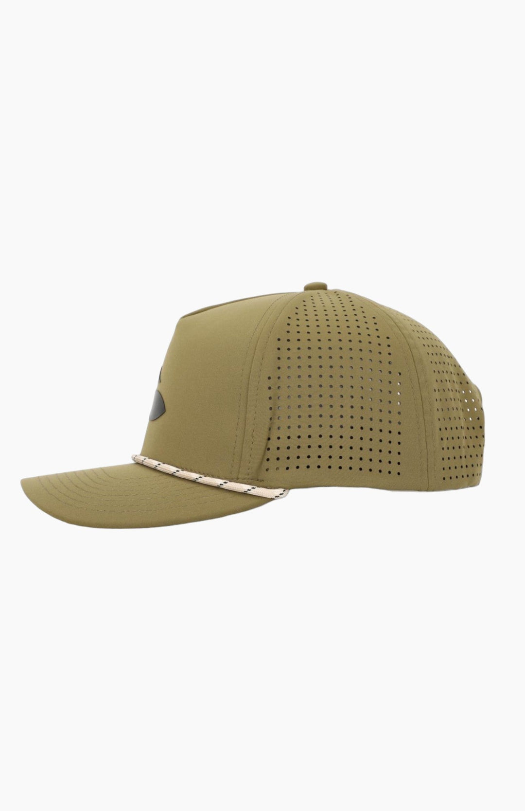 Side view of a green hat where the front is solid and the back is mesh.