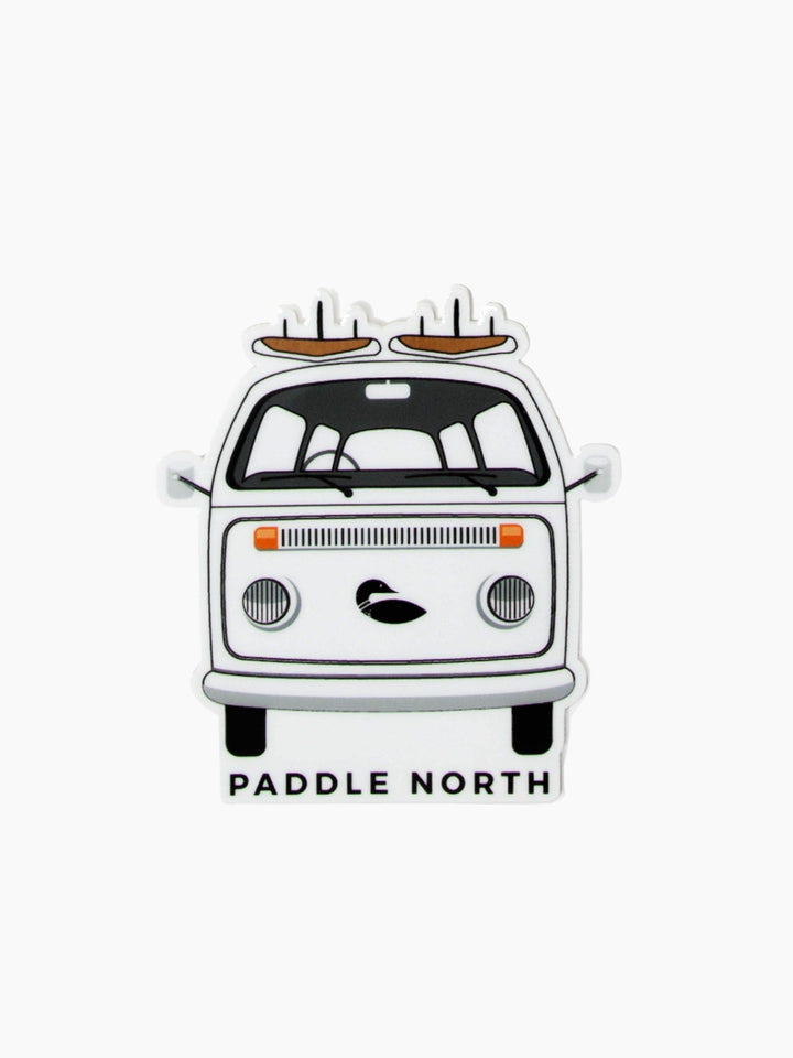 White sticker of the front of a camper van with paddle boards on top.