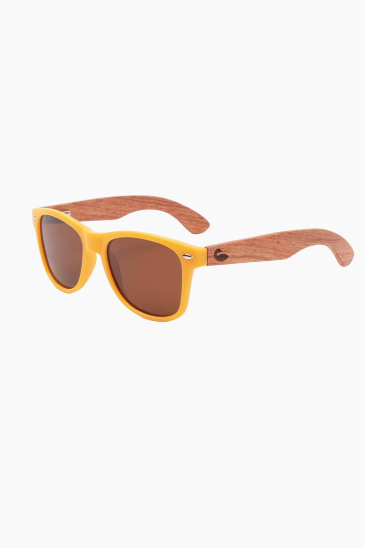 Yellow framed sunglasses with wood temple piece.