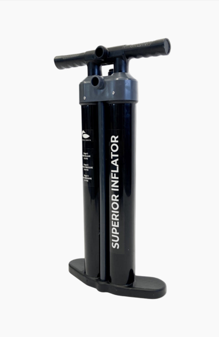 Paddle board accessories: Black manual air pump.