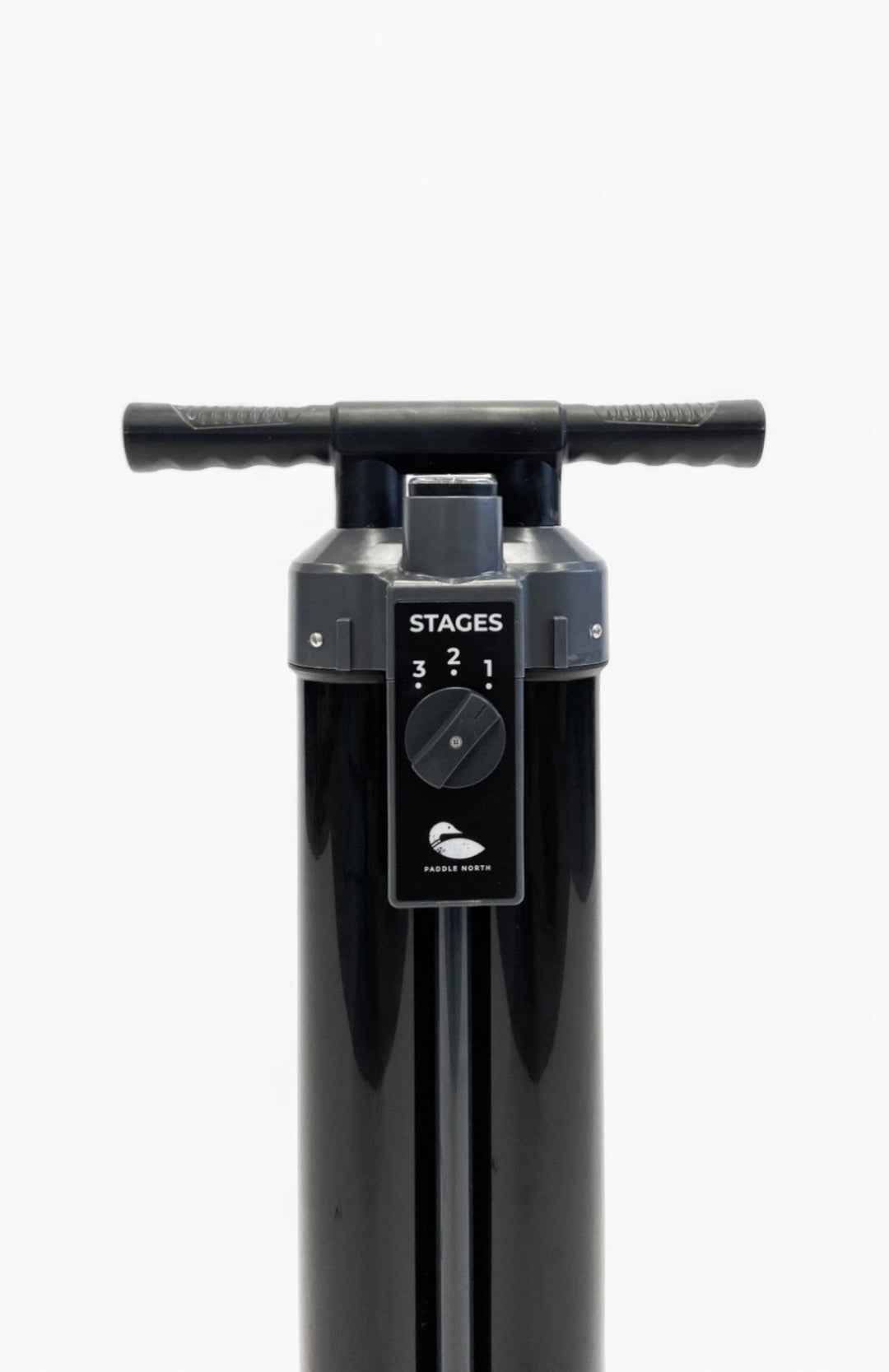 Paddle board accessories: Black manual air pump.