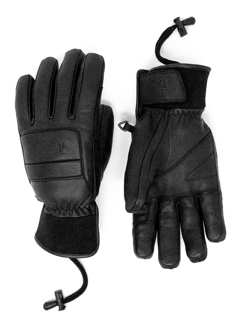 Pair of black leather gloves with attachment strings extended