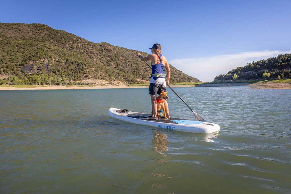 Woman paddle boarding on lake with dog