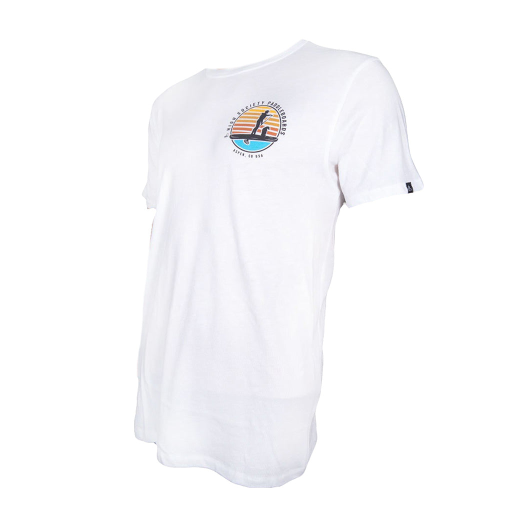 Side of white tee with High Society paddle board logo